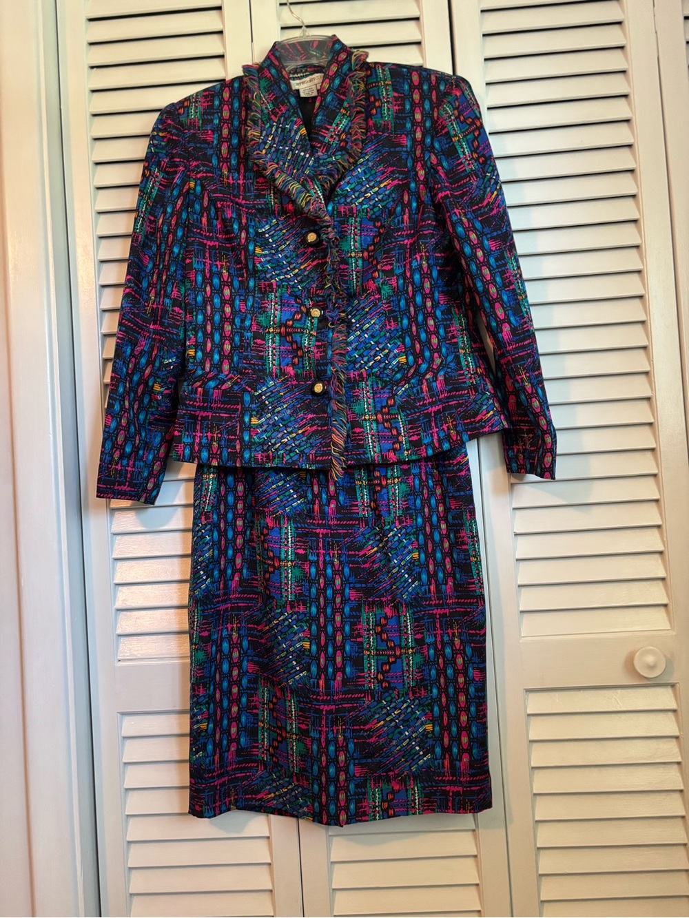 VTG Anne Crimmins for Umi Silk Patterned Suit Set Fringed Jacket Size 6